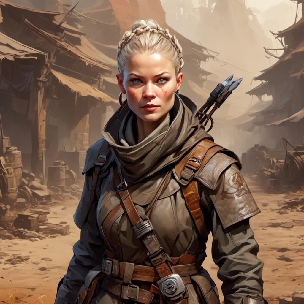 Biopunk Monk in Post-Apocalyptic Sci-Fi Landscape