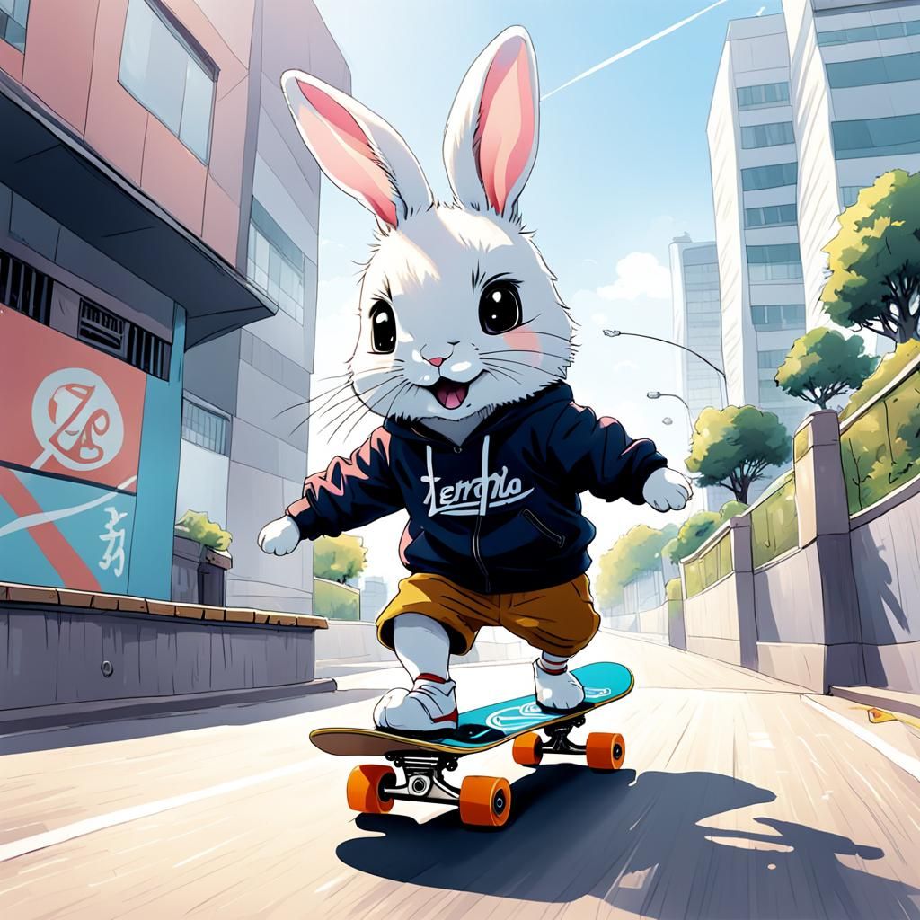 Baby Rabbit Skateboarding in Anime Style