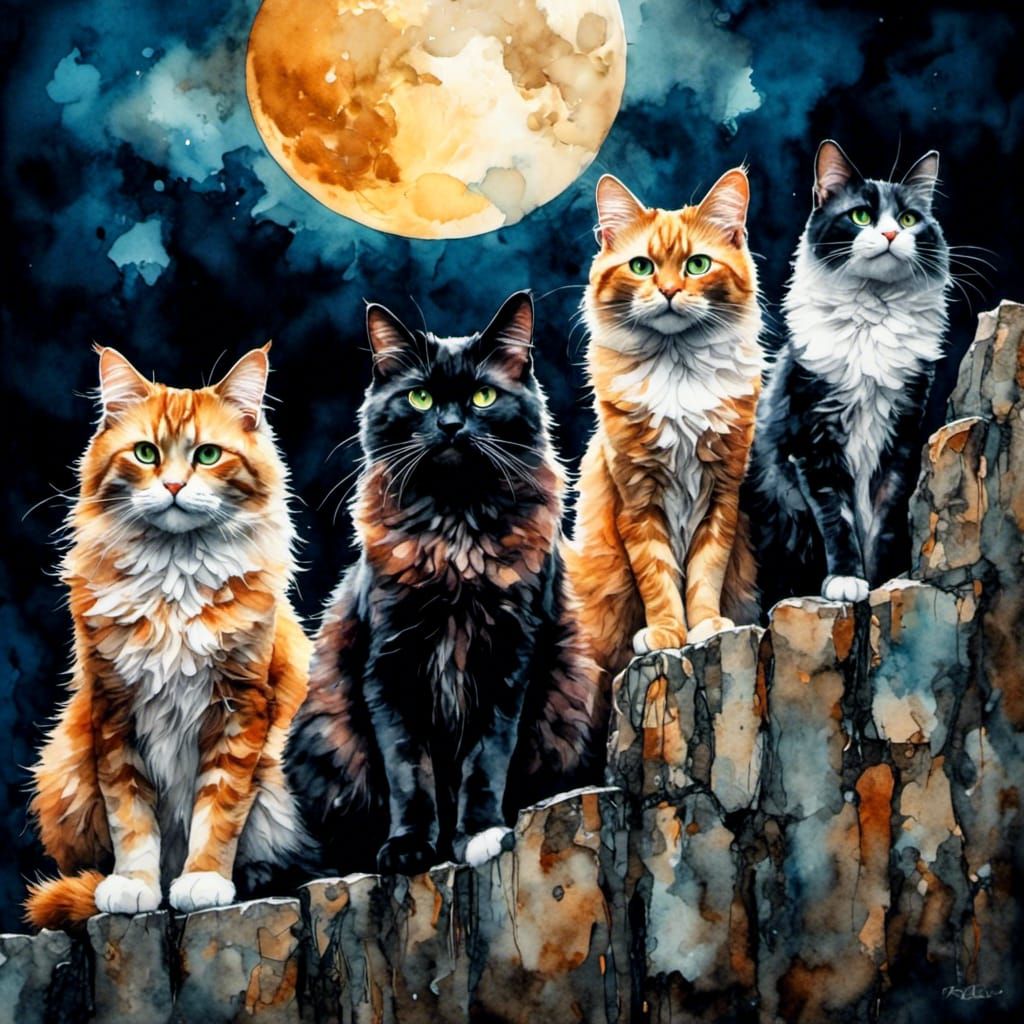 cats sitting on a stone wall at night