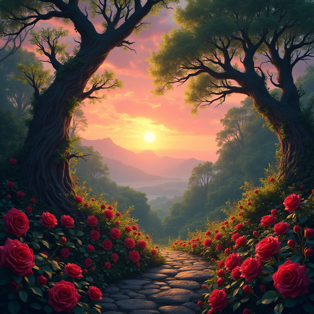 Mystical Red Rose Garden in Matte Painting Style