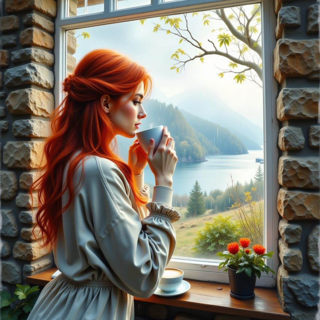 Woman Sipping Coffee in Misty Rain Aquarelle