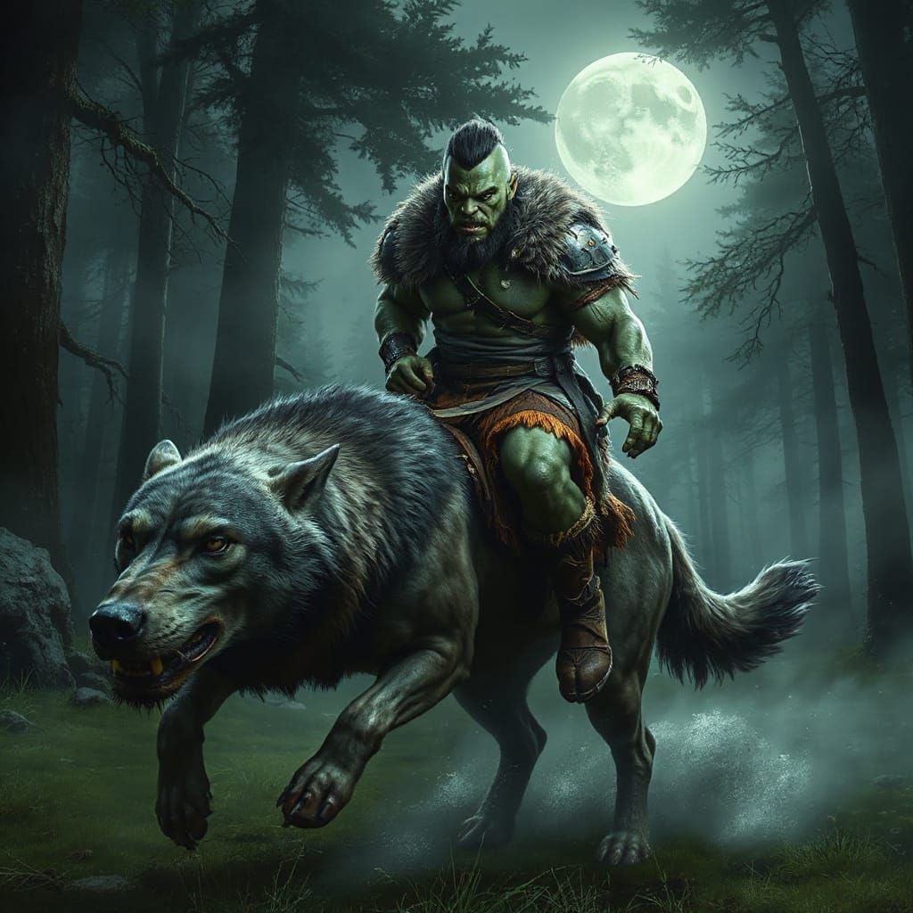 Dark Green Orc Charging on a Majestic Wolf in Photorealistic...