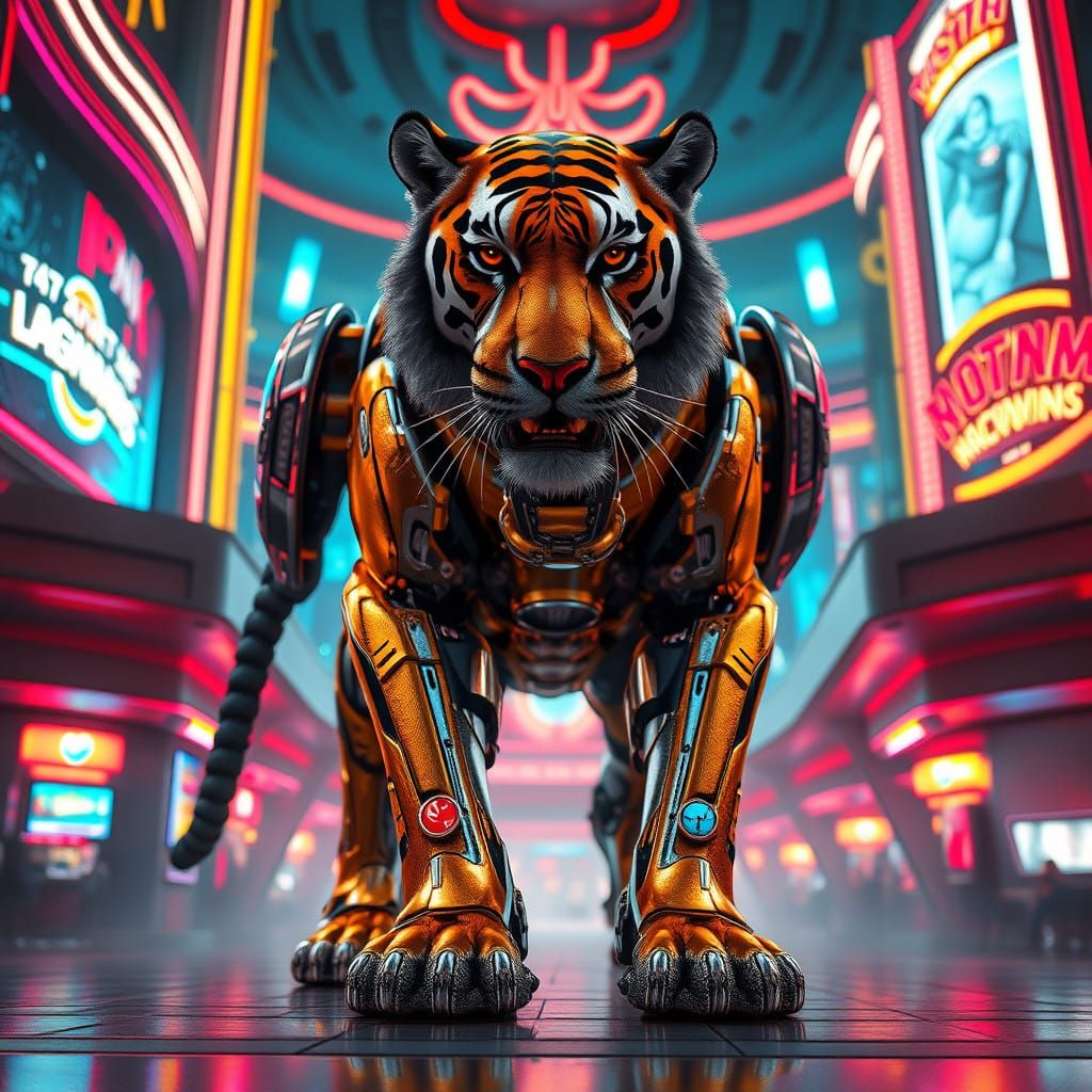Gigantic Cybernetic Tiger Reigns in Futuristic Casino