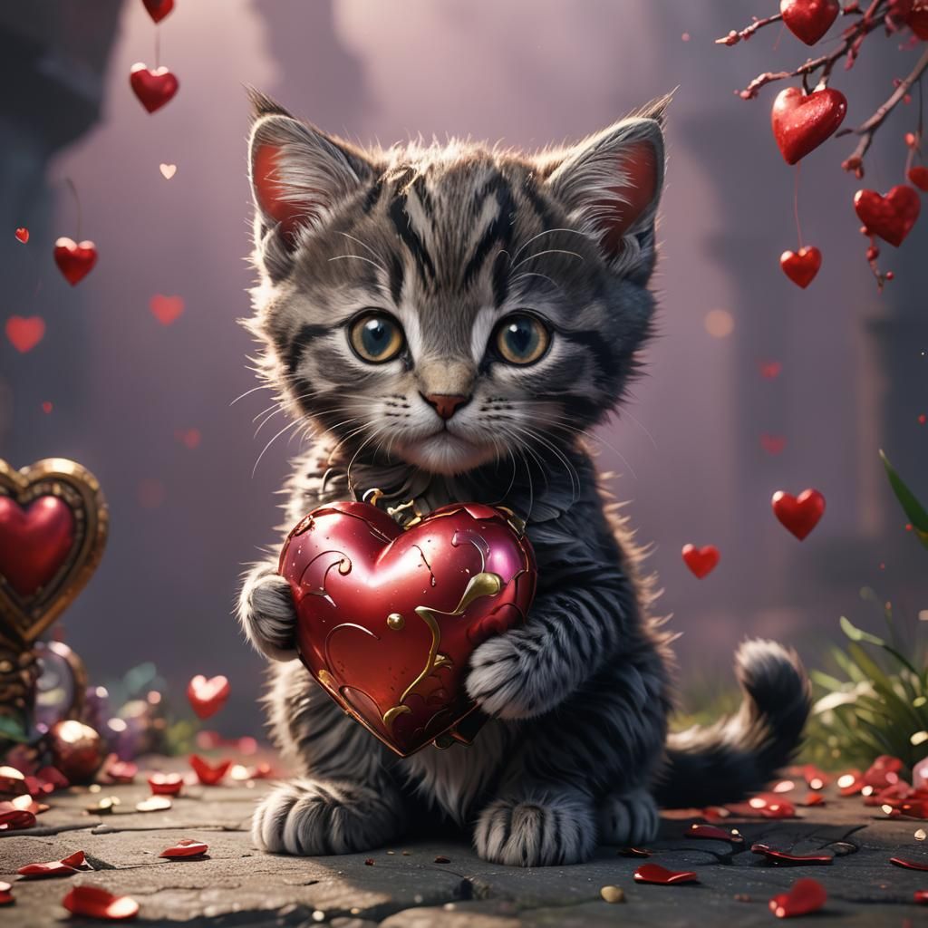 Cute Kitten Holding Heart in Detailed Digital Painting