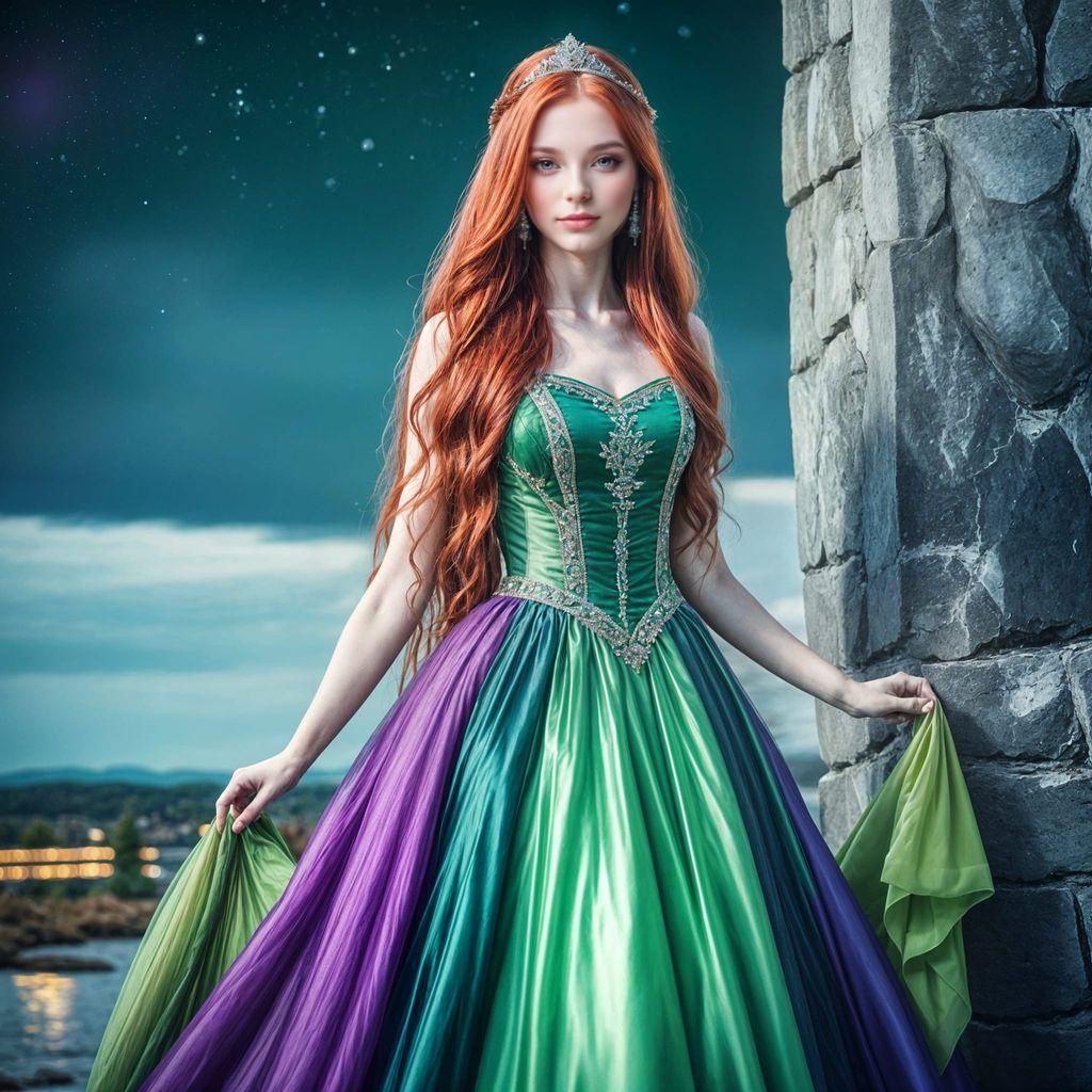 Young Princess with Red Hair and Colorful Gown