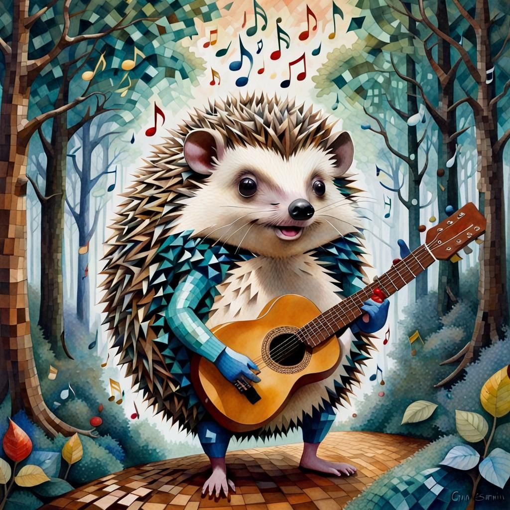 Hedgehog Guitarist in Cubist Alcohol Ink Style