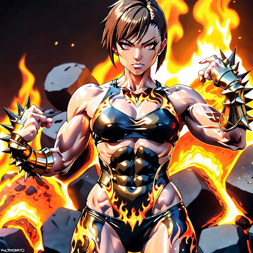 Anime Female Bodybuilder Conjuring Fire Magic