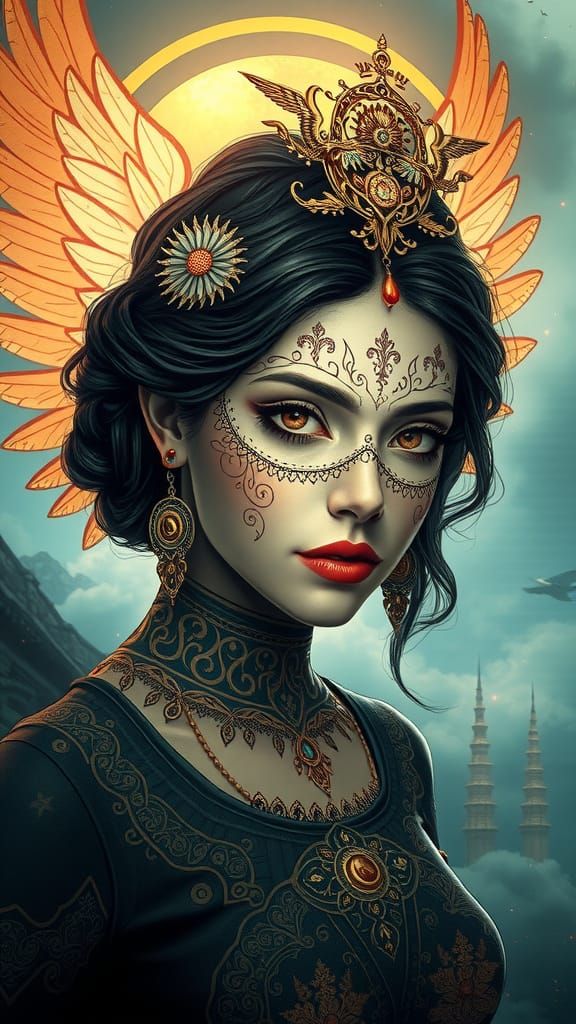 Angel Face in Futuristic, Dark Digital Art with Ancient Indi...