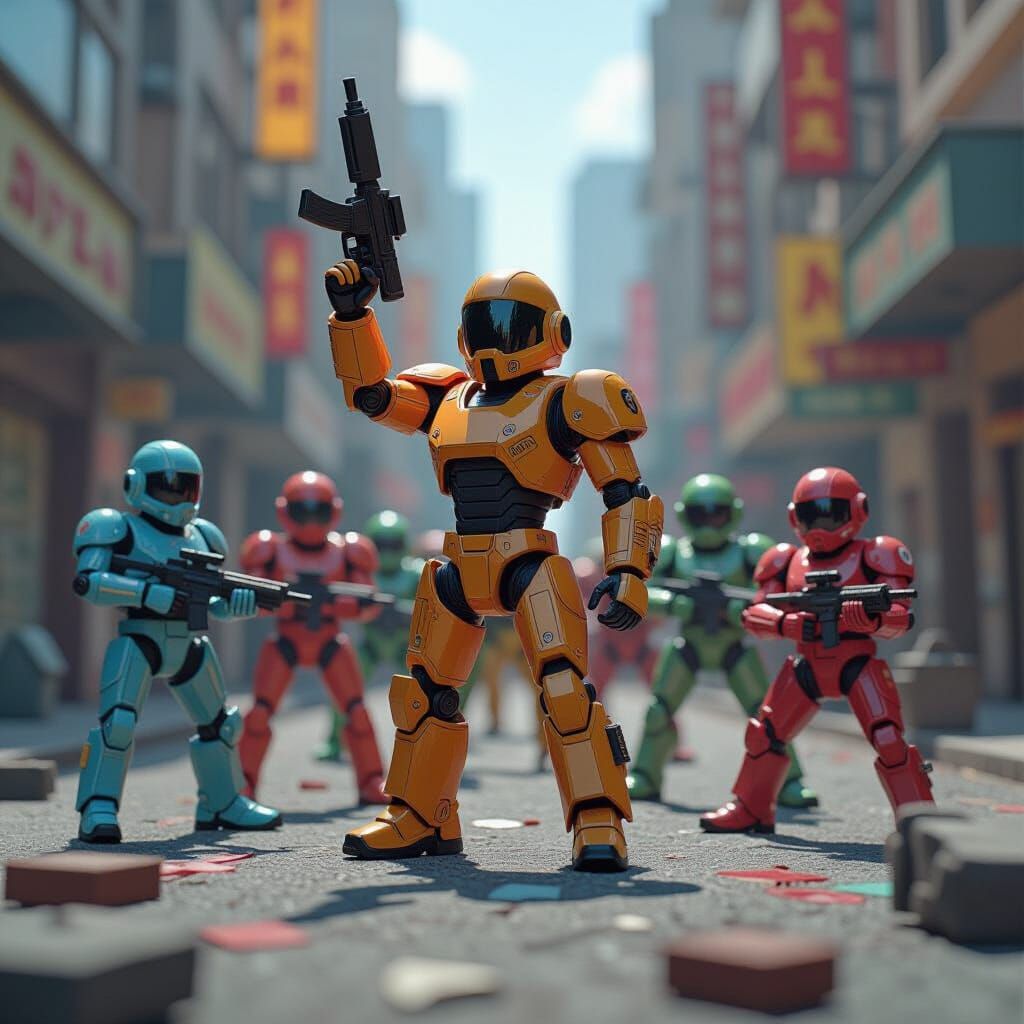 Neo-Cubist Mini Figures in Chaotic Colorful Scene