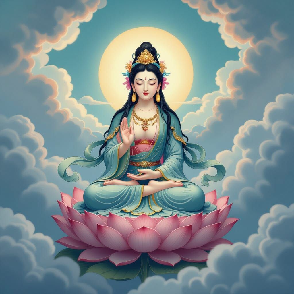 Green Tara Bodhisattva on Lotus, Flowing Clouds, Stunning Co...