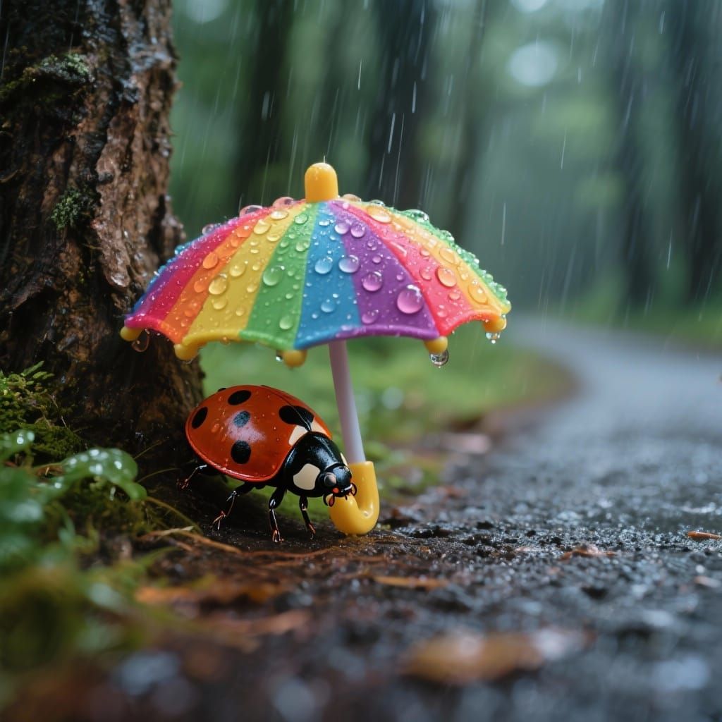 Ladybug Hiding Under Rainbow Umbrella in Forest Road