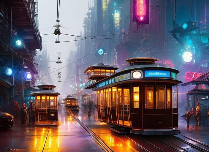 Futuristic San Francisco Tramway in Cyberpunk Style