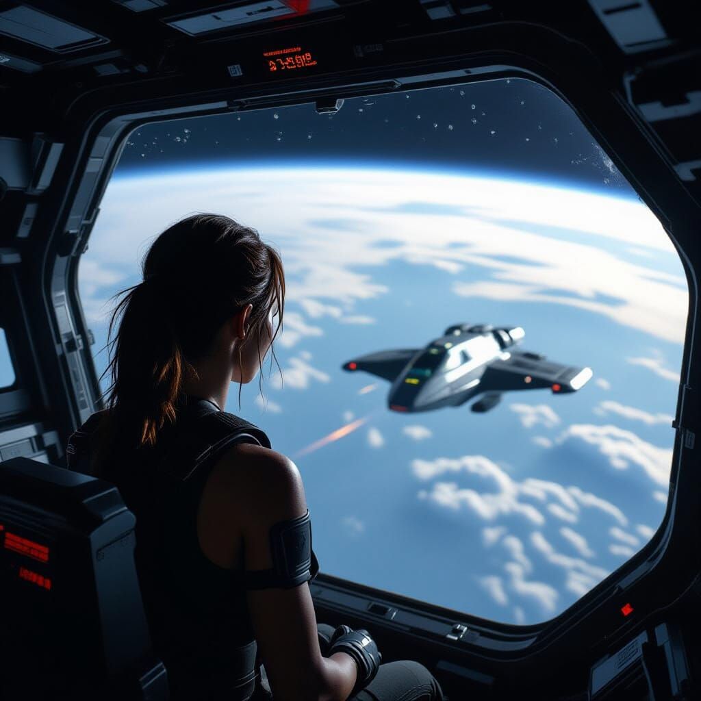 Lara Croft Gazing at Earth: Cinematic Film Still