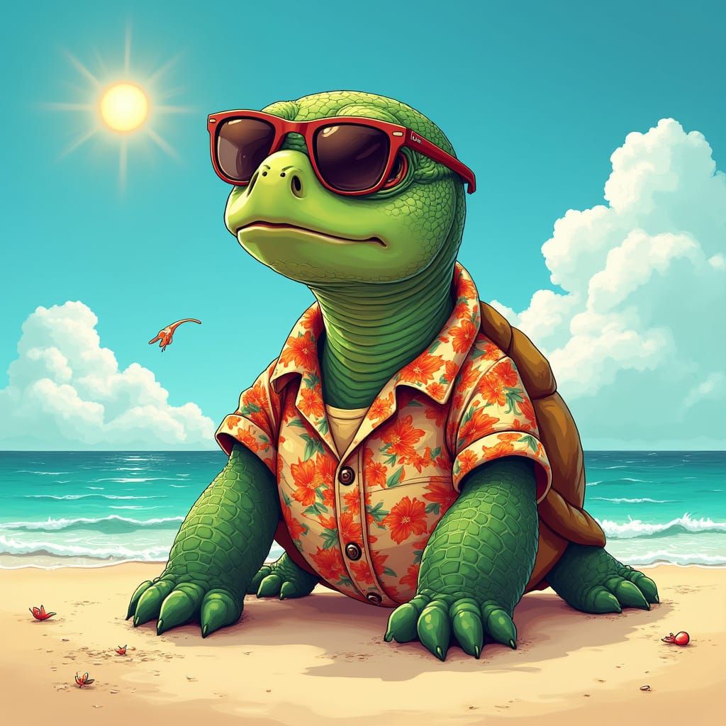 Trendy Turtle Basking in the Sun, in Cartoon Style