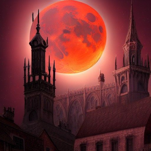 Blood Moon Over Medieval City, Dark Fantasy Art