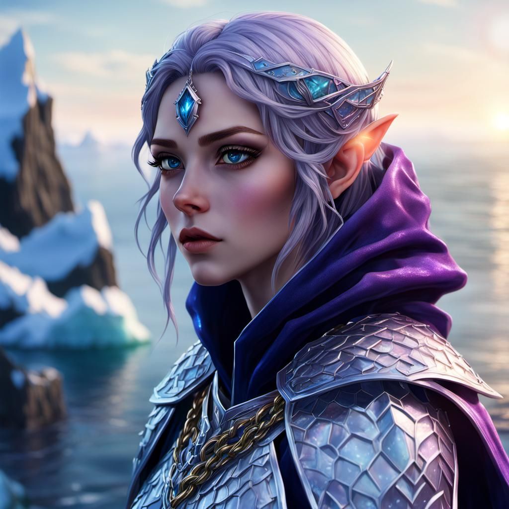 Anime Elf Girl on Iceberg in Photorealistic Style