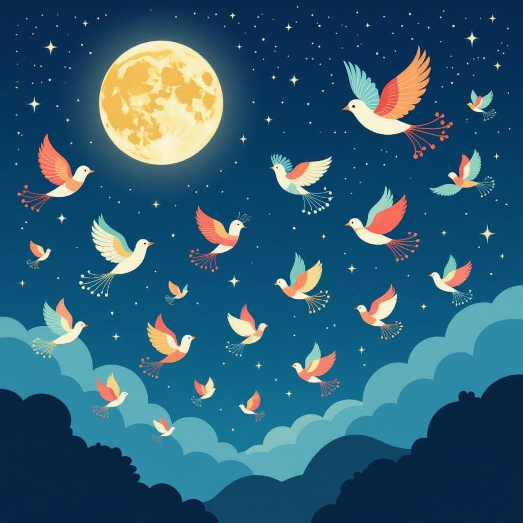 Ethereal Bird Lanterns Soaring in Starry Night