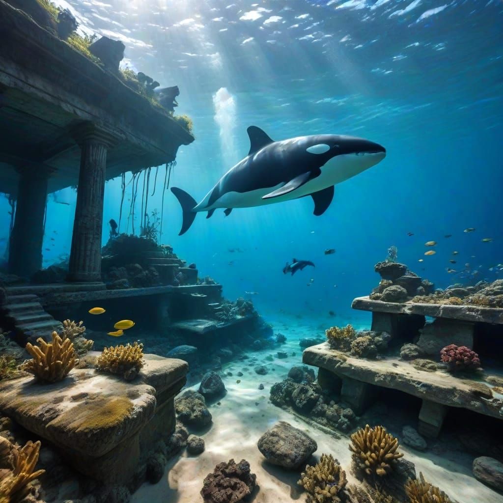 Killer Whale Swims Near Ancient Underwater Ruins