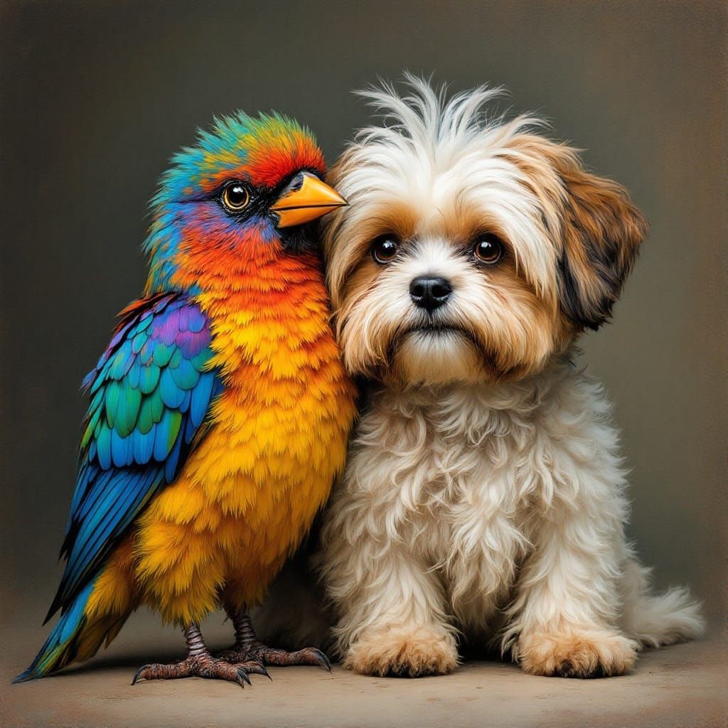 Hyperrealistic Havanese Dog with Iridescent Bird