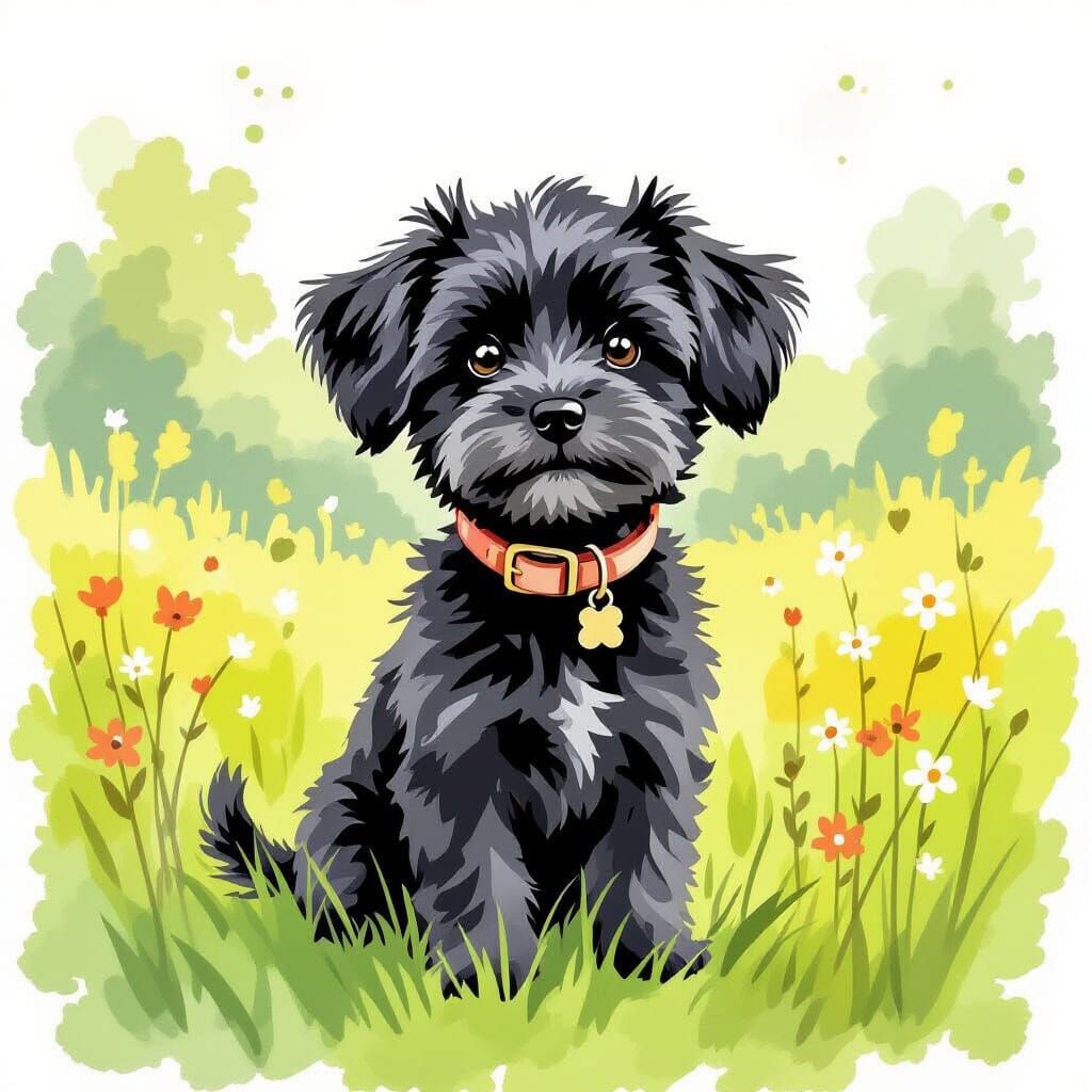 Black Dog in Meadow, Watercolor Illustration