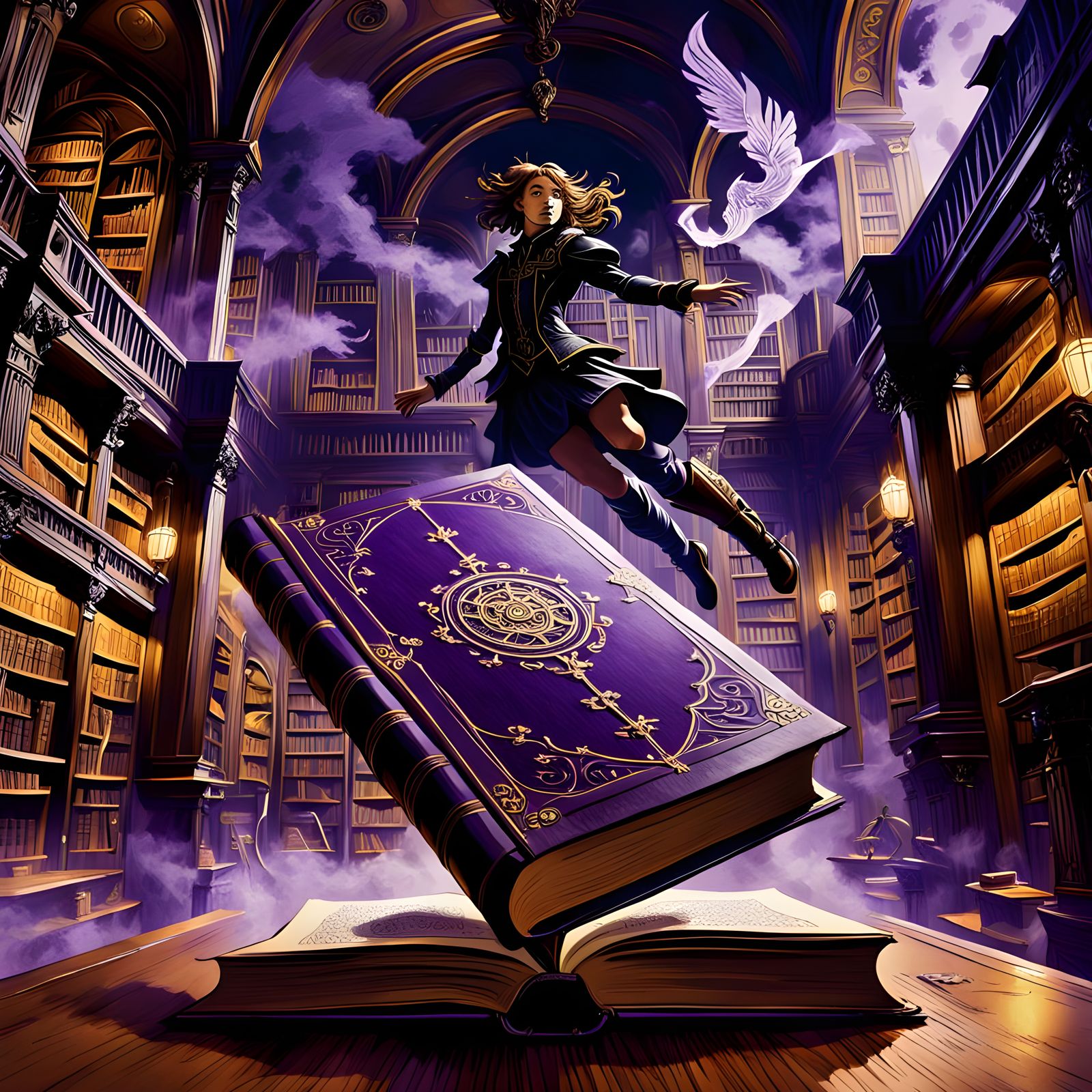 Levitating Book in Library: Dark Fantasy Art
