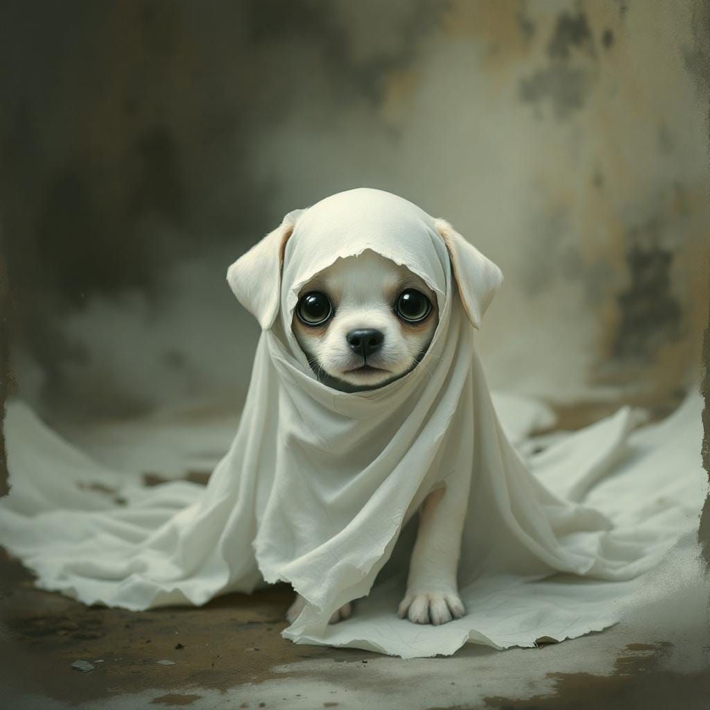 Cute Ghost Puppy in Sheet, Whimsical Dark Art