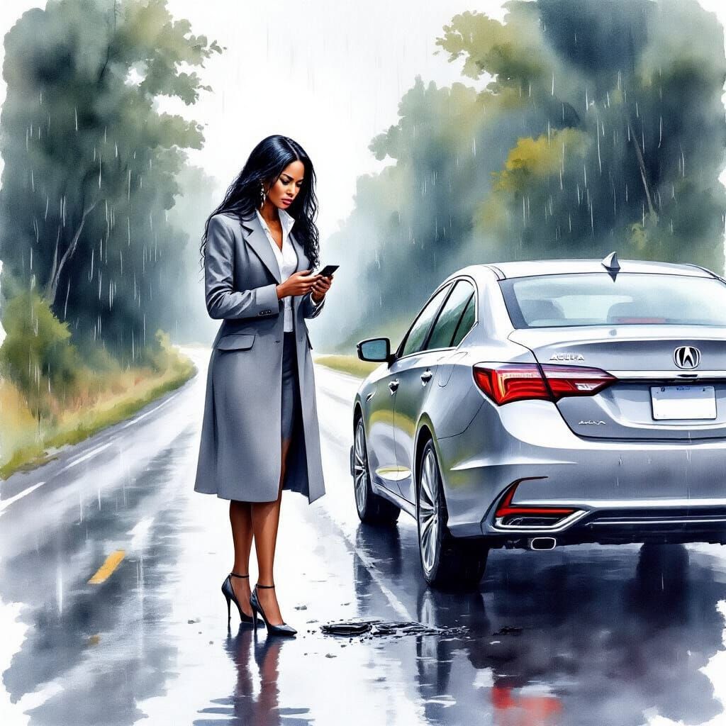 Impressionistic Watercolor of Woman with Flat Tire