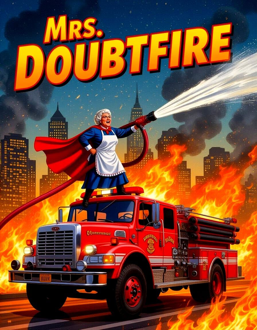 Mrs. Doubtfire as Firefighter Hero Movie Poster Art
