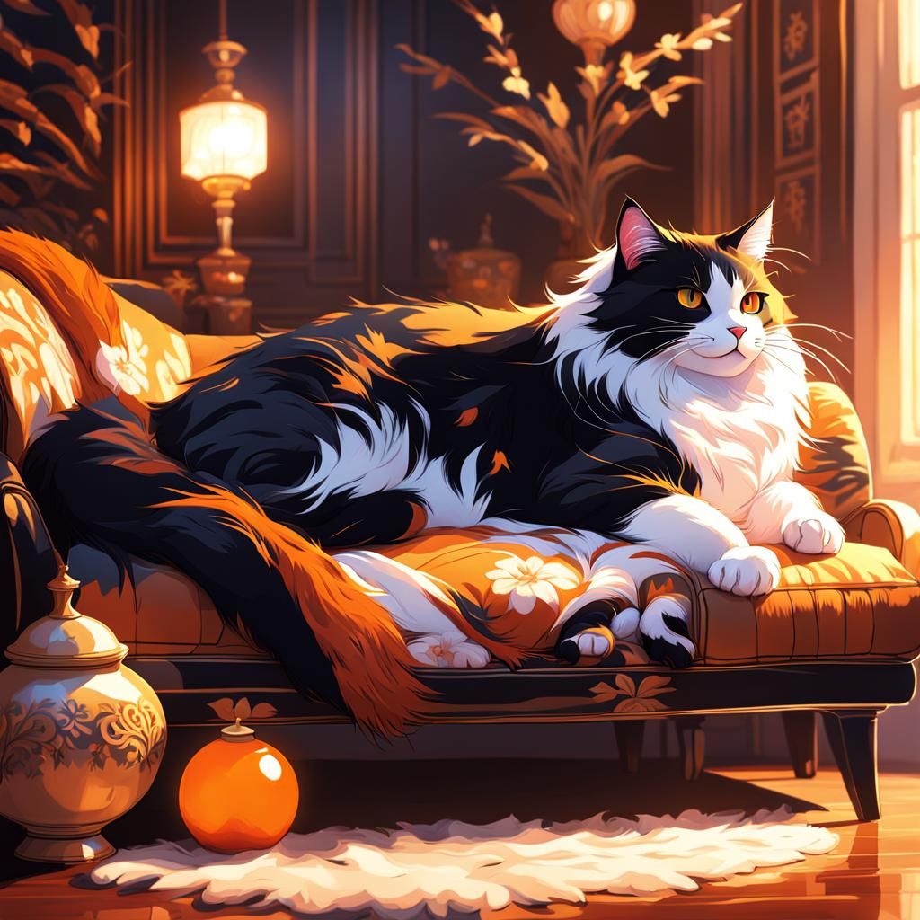 Anime Cat Lounging on Couch in Digital Art Style