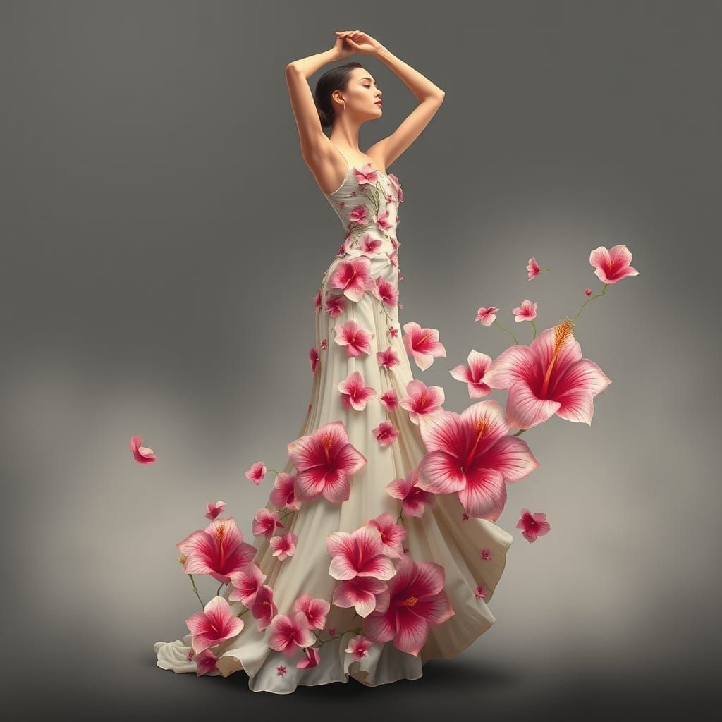 Elegant Woman in Floral Gown, Art Nouveau Style