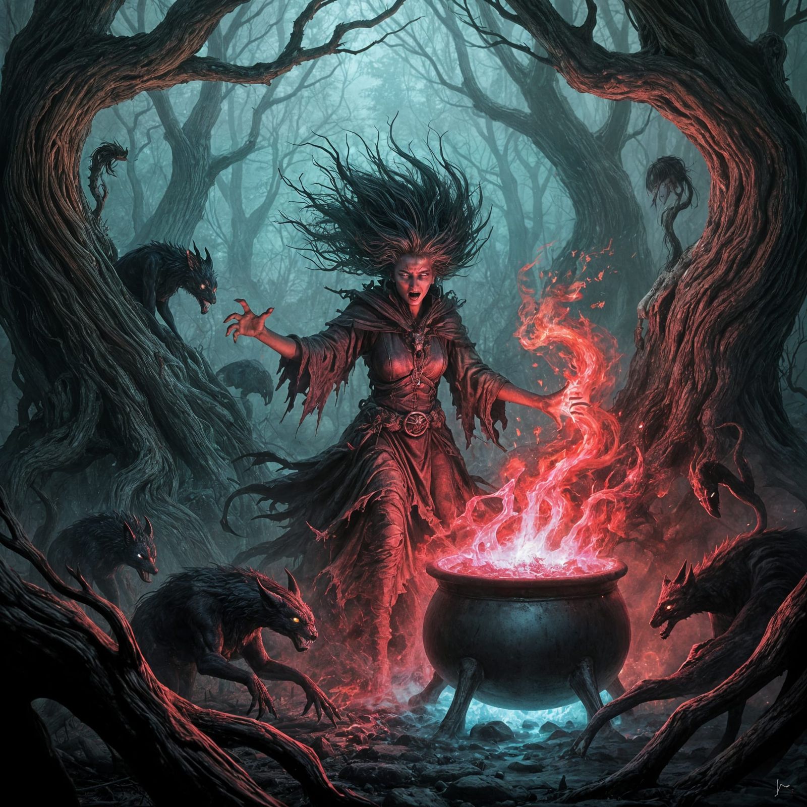 Witch Conjuring Elemental Magic in Shadowy Forest