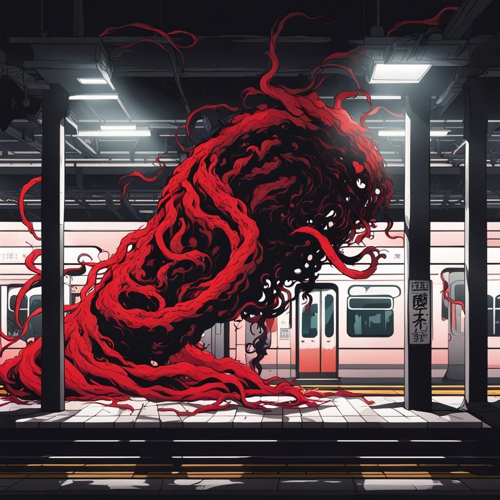 Eldritch Monster Body Horror in Subway, Anime Art