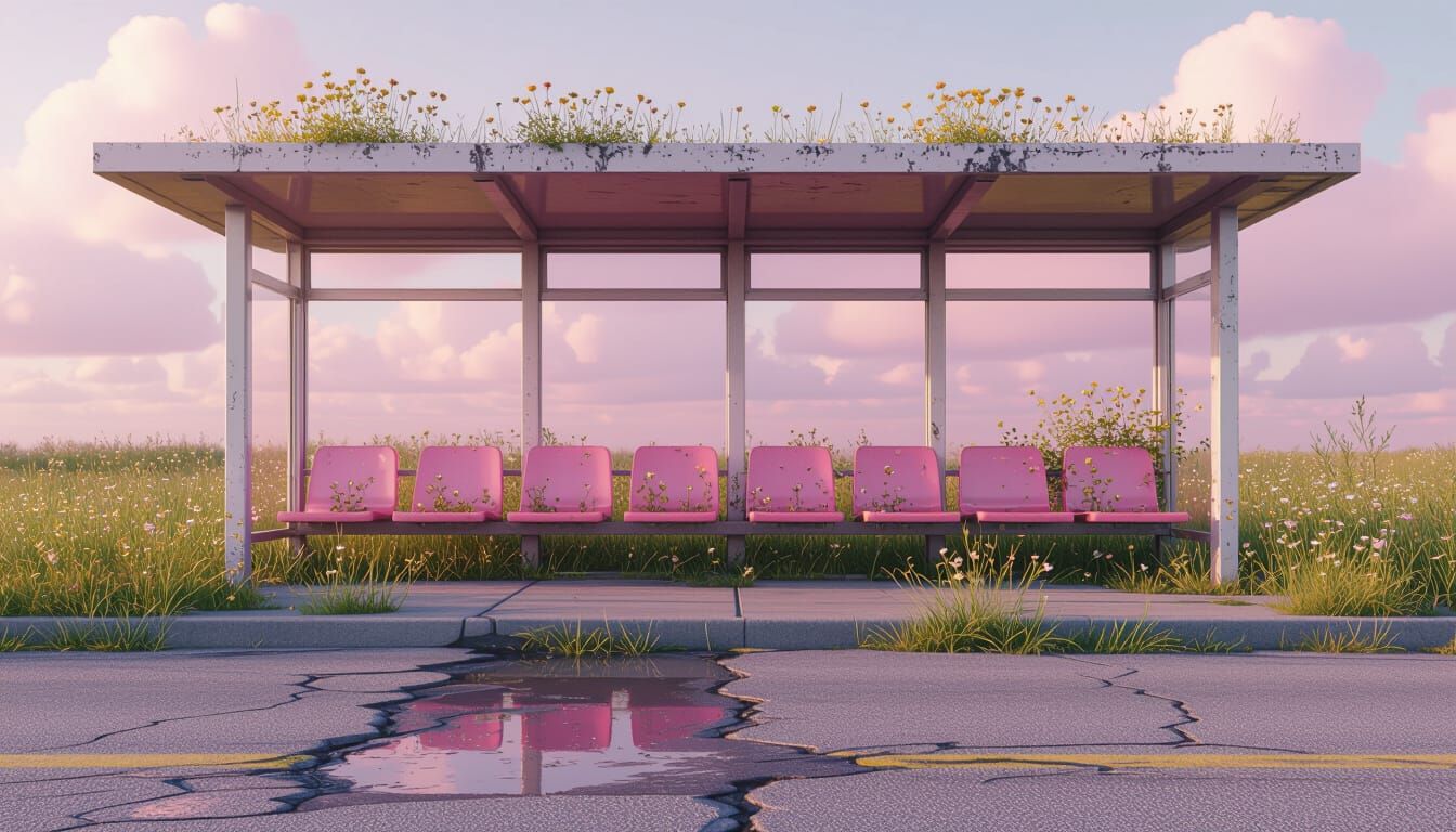 Pastel Dream: Overgrown Bus Stop in Liminalcore Style