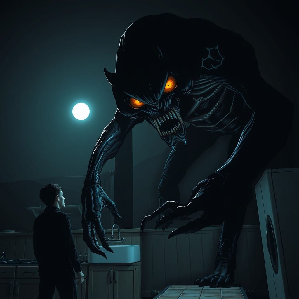 Night Terror Demon in Kitchen, in Dark Surrealist Style