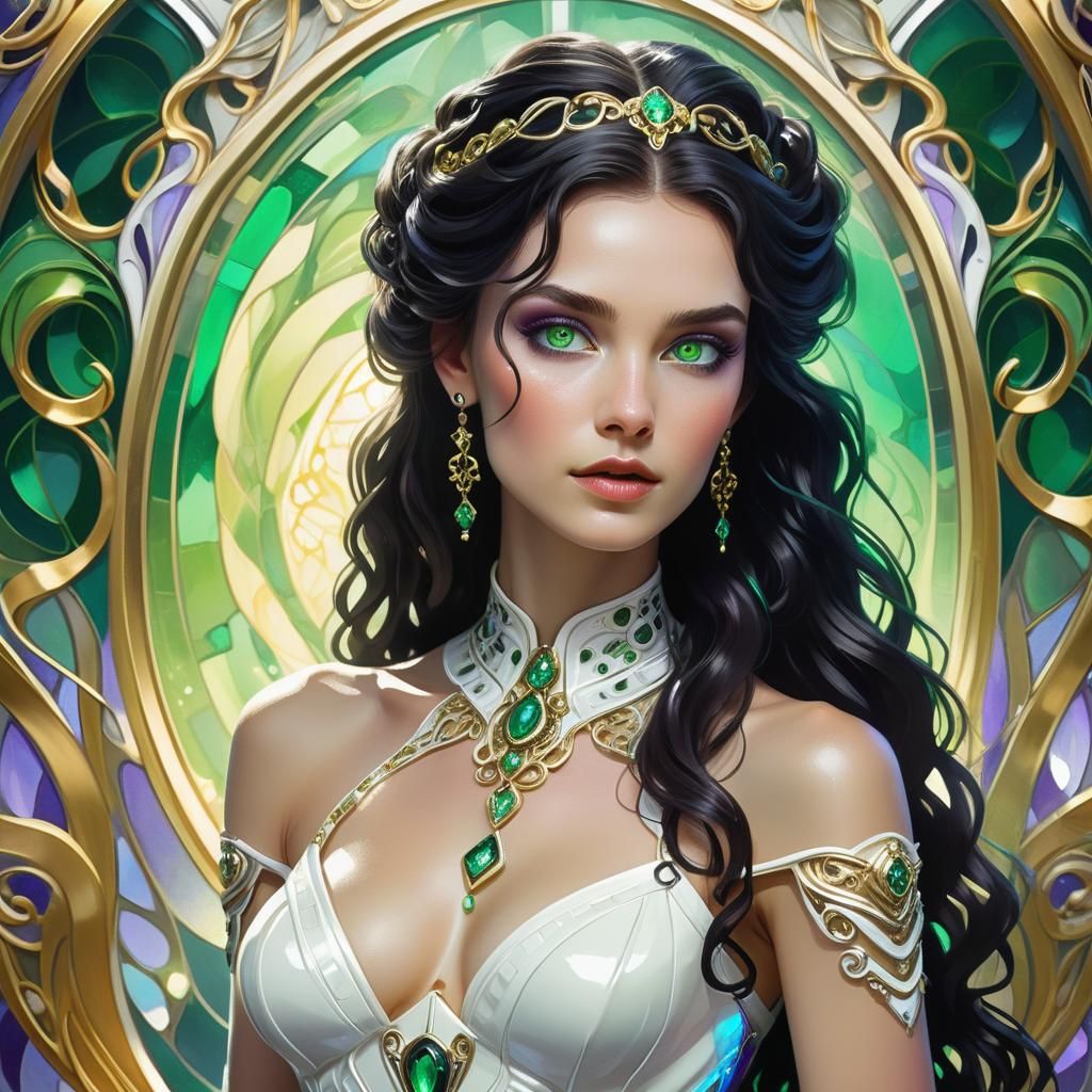 Brunette in Latex Dress with Art Nouveau Jewelry