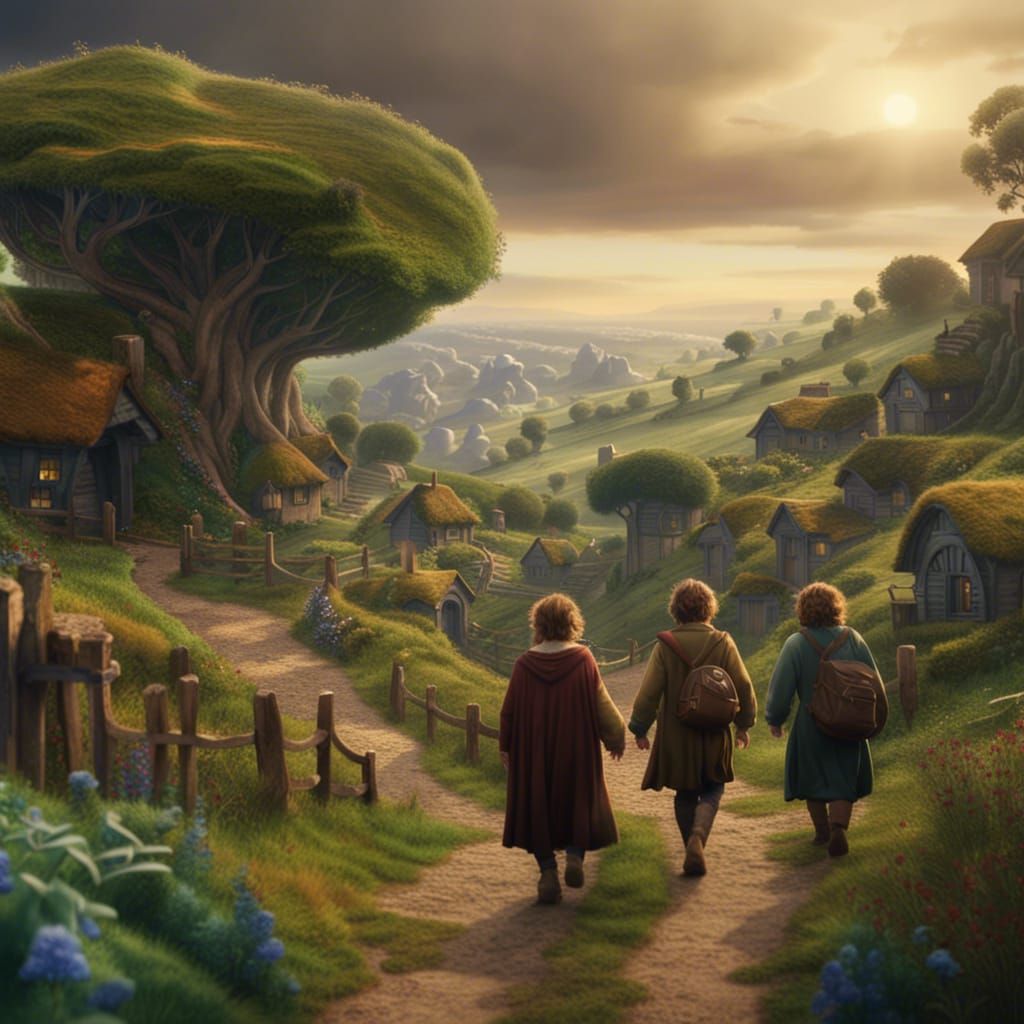 Hobbits Walking Through the Shire: Fantasy Landscape