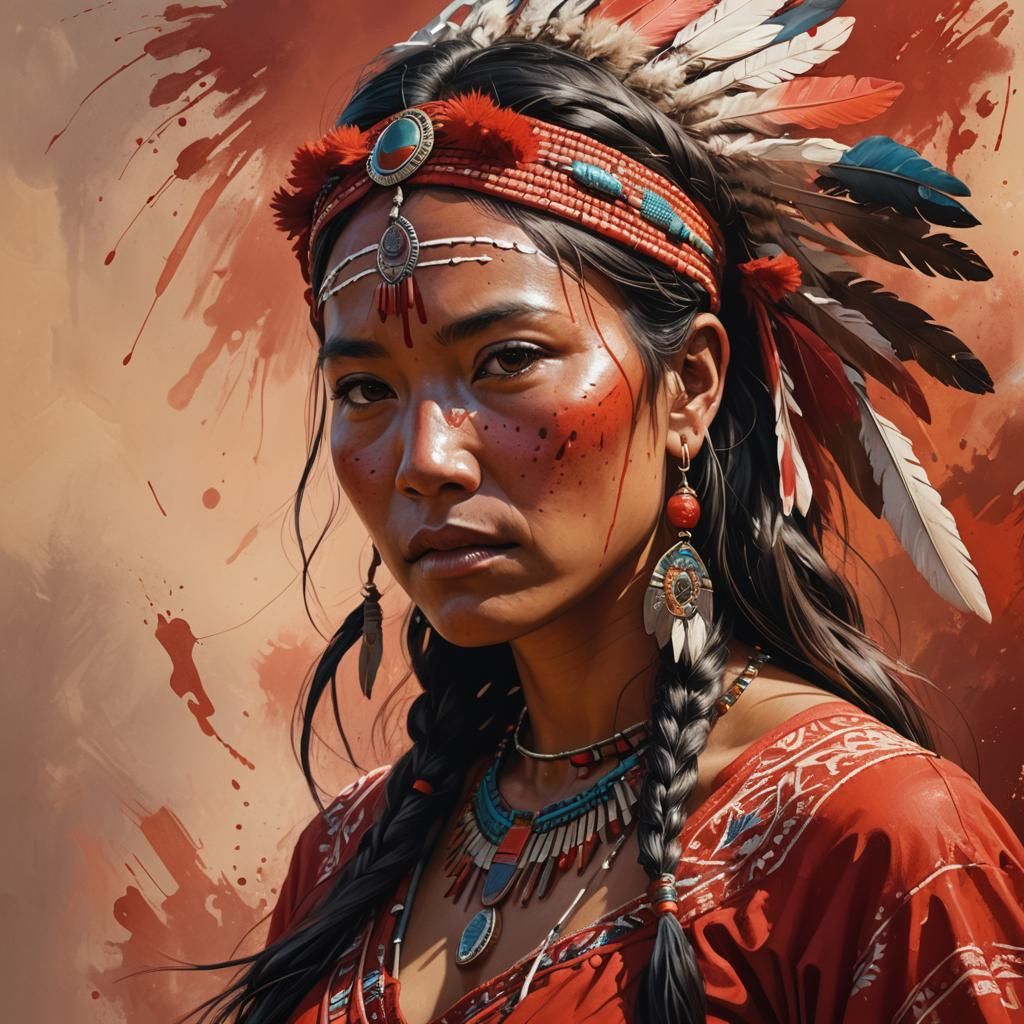 Native Woman in Red Dress: Hyperrealistic Splash Art