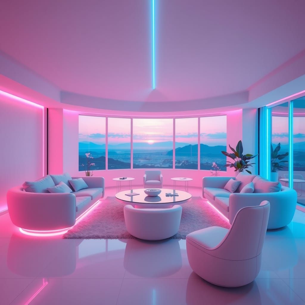 Futuristic Living Room with Synthwave Sunset