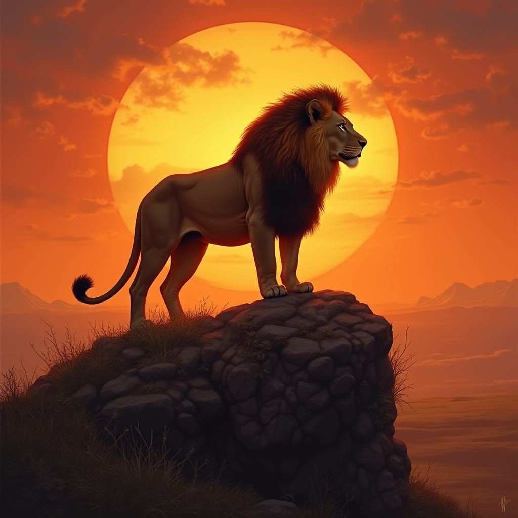 Majestic Lion Silhouetted Against Fiery Sunset in Detailed M...