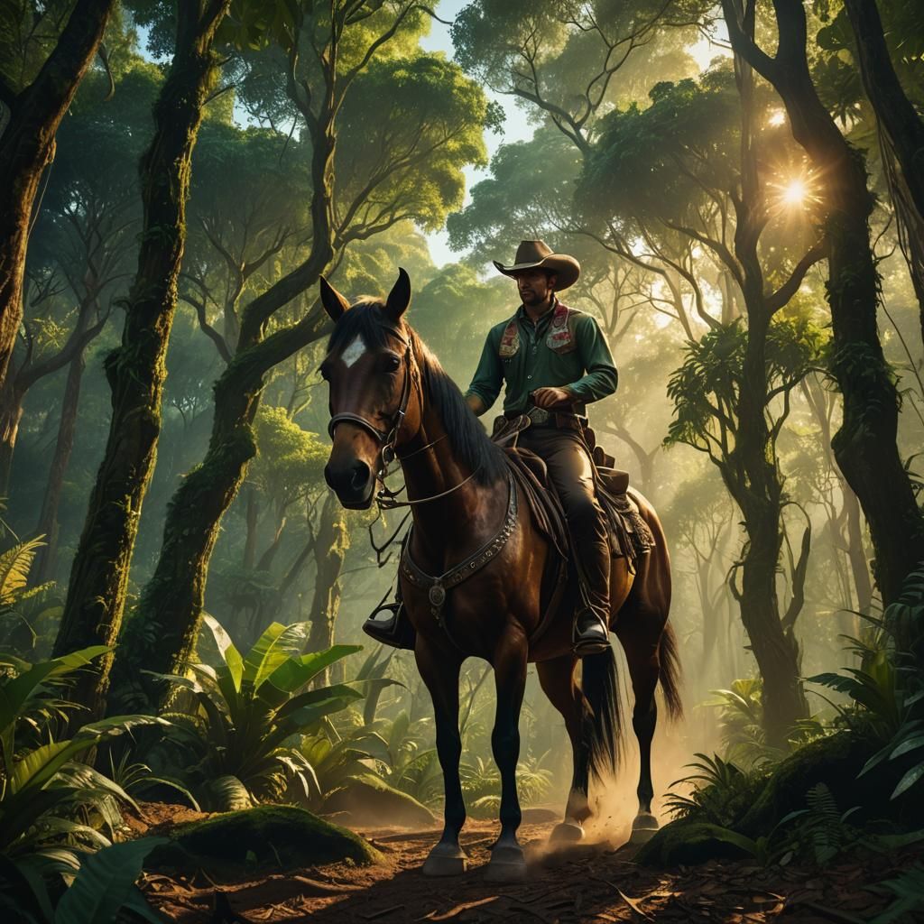 Cowboy on Horse in Jungle, Vibrant Oil Painting