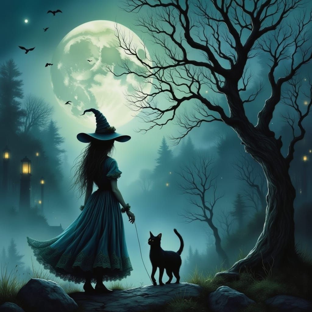 Gothic Witch Under Moonlight in Digital Painting Style