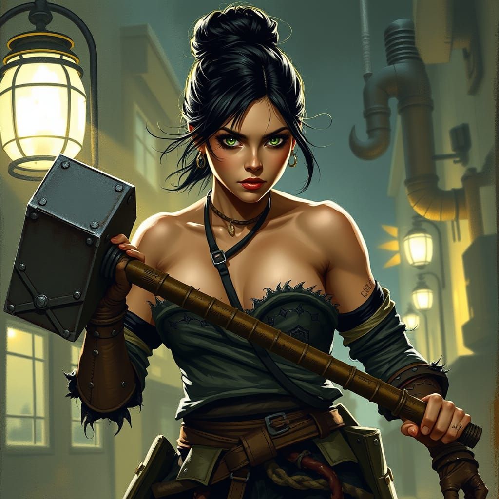 Fierce Bare-Chested Dwarf Enters Fray Under Streetlight