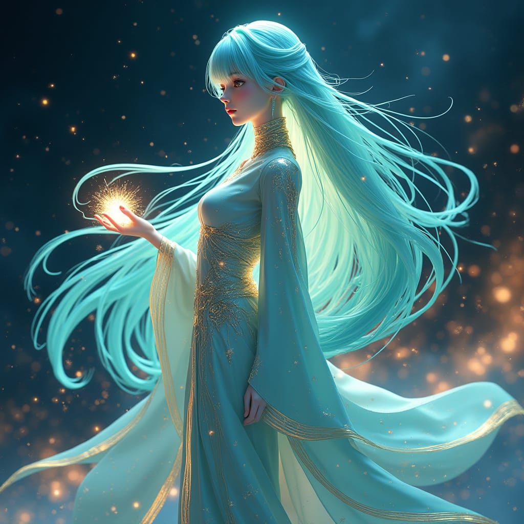 Elegant Anime-Style Futuristic AI Goddess with Glowing Circu...