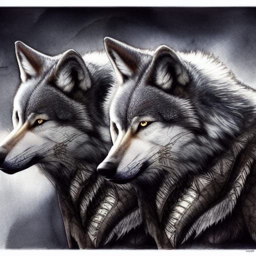 Ouroboros Wolves Howling in Watercolor Sketch