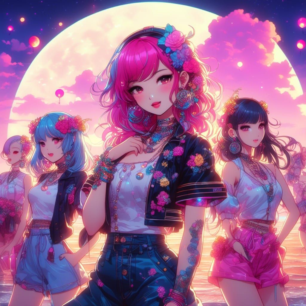 Cyberpunk Asian Girls Dancing at Moonlit Rave