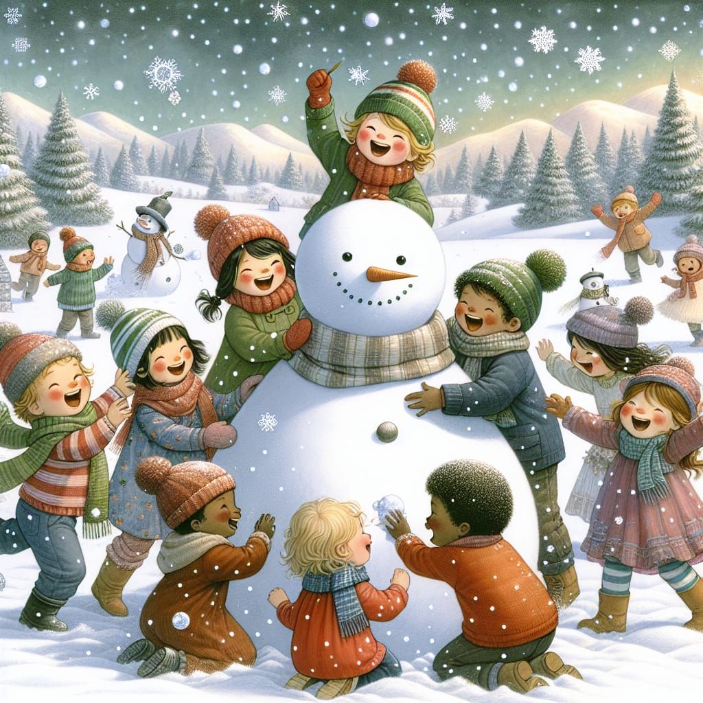 Children Building a Snowman in a Winter Wonderland