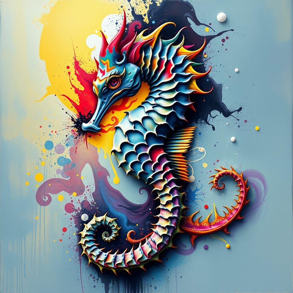 Ethereal Dragon Seahorse in Vibrant Polychromatic Graffiti S...