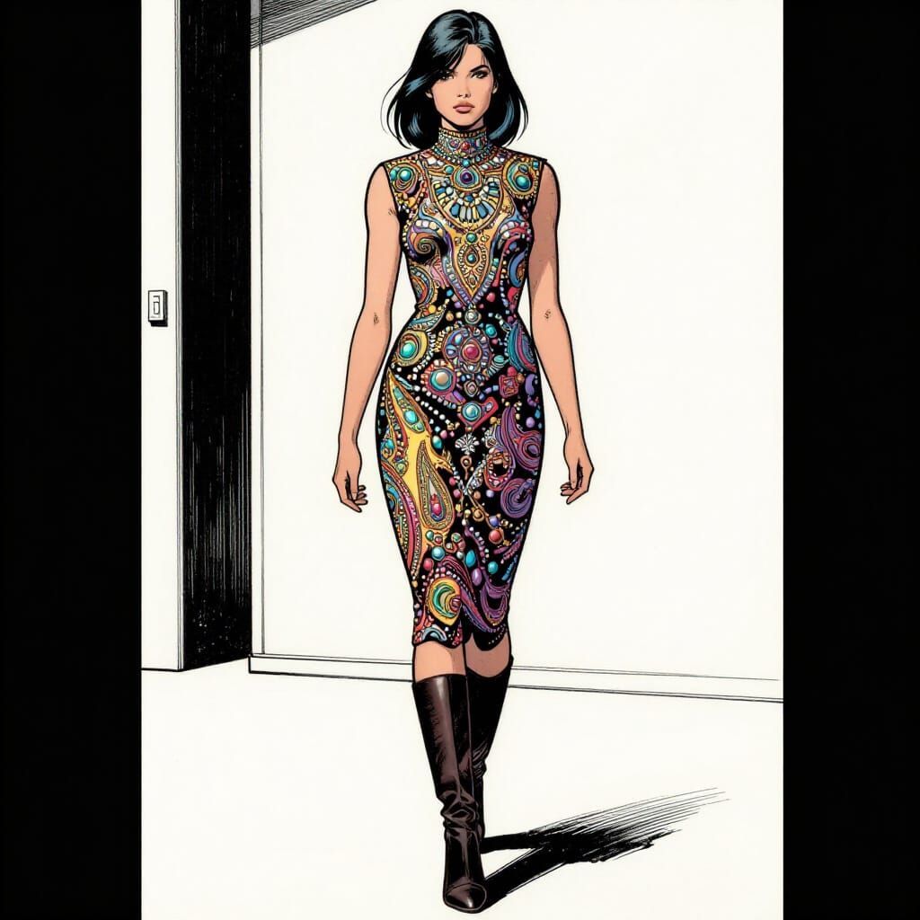 Woman in Jewel-Toned Paisley Dress in Comic Style