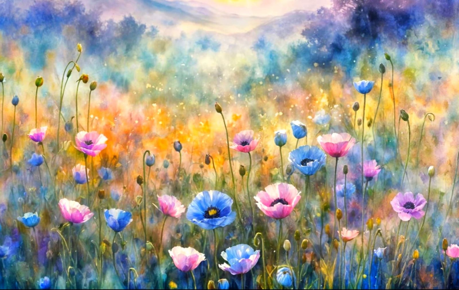 Misty Sunrise Over Poppy Meadow in Watercolour Style