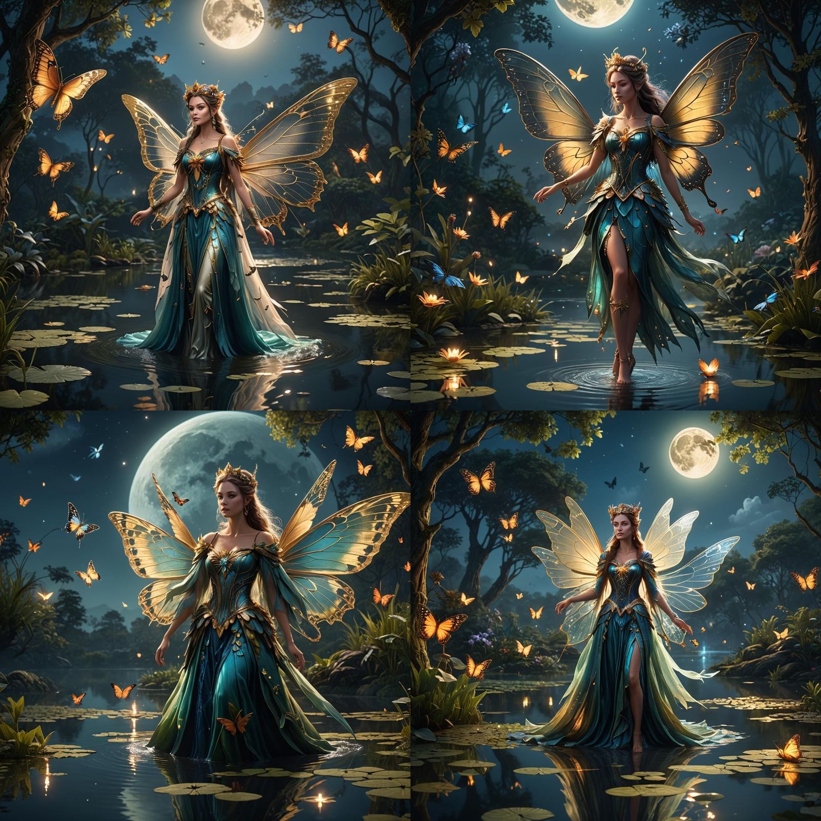 Fairy Queen with Butterfly Wings Over Moonlit Pond